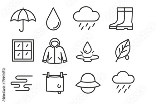 Rainy Day Essentials. Line style icons of rainy weather essentials: umbrella, raindrop, cloud, rain boots; window with droplets,