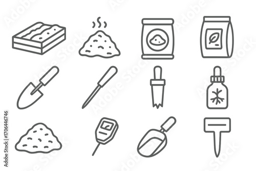 Garden Tools and Supplies. Line style icons of planting and soil prep: garden bed, compost pile, soil bag, seed packet; trowel,