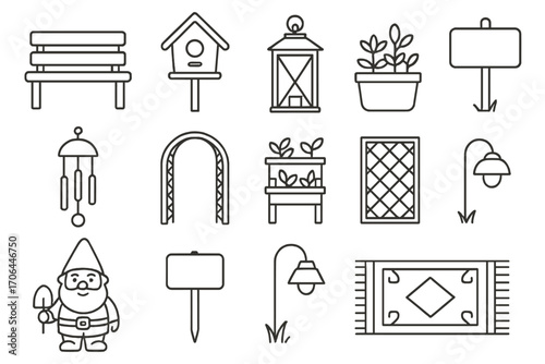 Garden Decor Icons. Line style icons of garden furniture and decor: bench, birdhouse, lantern, garden sign; wind chime, arbor,