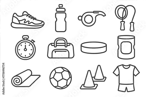 PE Gear Icons. Line style icons of physical education gear: gym shoes, water bottle, whistle, jump rope; stopwatch, sports bag,