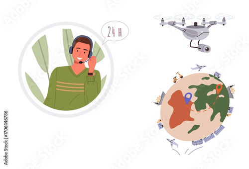 Customer support agent wearing a headset, quadcopter with camera in motion, world map with pins, transportation icons. Ideal for delivery tracking, support, innovation, global communication, logistics