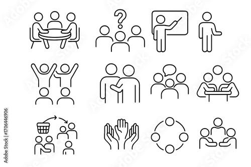 Group Learning Icons. Line style icons of group learning: group table, question mark, answer board, team activity; peer helper