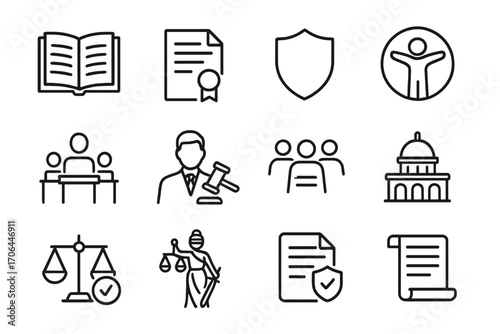 Legal Rights Icons. Line style icons of legal rights and protection: constitution, bill of rights, shield icon, human rights