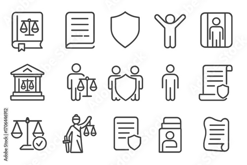 Legal Rights Icons. Line style icons of legal rights and protection: constitution, bill of rights, shield icon, human rights