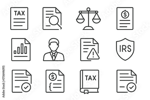 Tax Law Icons. Line style icons of tax and finance law: tax form, audit document, financial statement, dollar scale; income report