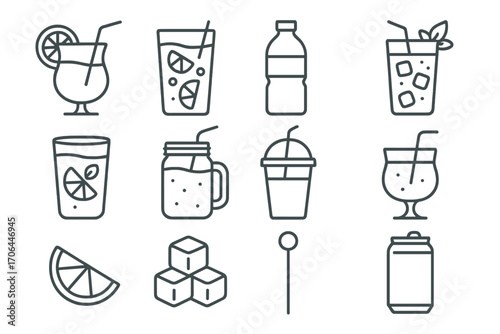 Drink Icons Collection. Line style icons of drinks and refreshment: tropical cocktail, lemonade glass, water bottle, iced coffee;