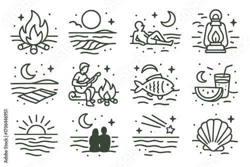 Night Beach Icons. Line style icons of night beach scenes: bonfire, moonlit waves, stargazing, lantern glow; beach blanket,