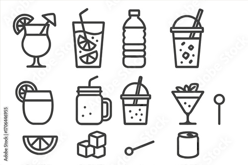 Drink Icons Collection. Line style icons of drinks and refreshment: tropical cocktail, lemonade glass, water bottle, iced coffee;