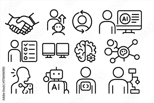 Human-AI Collaboration Icons. Line style icons of human-AI collaboration: handshake with robot, co-pilot icon, human in loop, AI