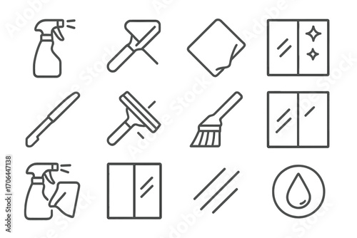 Glass Cleaning Icons. Line style icons of glass and window cleaning: window spray, squeegee, glass cloth, streak-free icon; corner