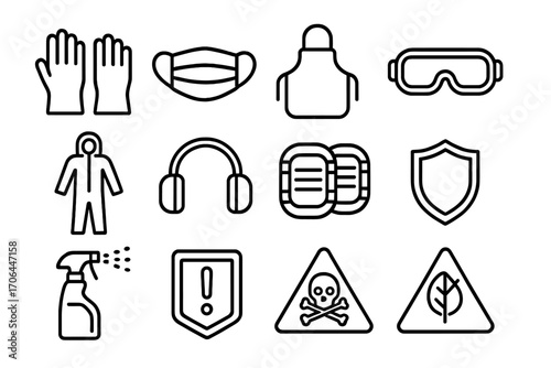 Safety Equipment Icons. Line style icons of protective gear: rubber gloves, face mask, apron, cleaning goggles; protective suit,