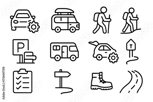 Transportation Icons Set. Line style icons of transportation and arrival: car with gear, rooftop box, bus icon, hiking to site;