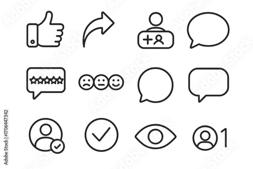 User Interaction Icons. Line style icons of user interaction: like icon, share arrow, follow button, review bubble; rate stars,