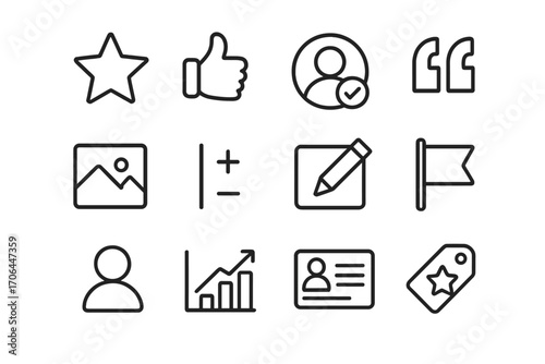 Product Review Icons. Line style icons of product reviews: rating star, thumbs up, verified buyer, review quote; image upload,