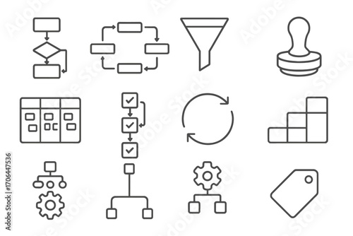 Workflow Icon Set. Line style icons of workflow and process: flowchart, arrows diagram, funnel icon, approval stamp; pipeline
