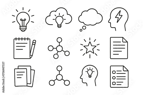 Idea Development Icons. Line style icons of idea development: lightbulb, idea cloud, thought bubble, brainstorm icon; sketchpad,