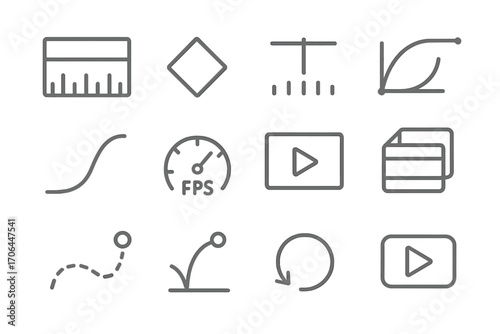 Motion Graphics Icons. Line style icons of motion graphics tools: timeline icon, keyframe, playhead, animation curve; easing