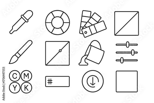 Color Tools Icons. Line style icons of color tools: eyedropper, color wheel, swatch palette, gradient fill; color picker, tone