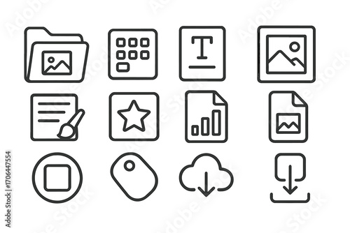 Asset Library Icons. Line style icons of asset libraries: image folder, icon pack, font file, graphic set; style guide, saved