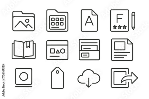 Asset Library Icons. Line style icons of asset libraries: image folder, icon pack, font file, graphic set; style guide, saved