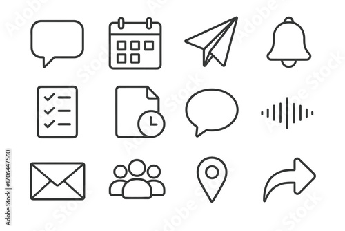 Communication Icons. Line style icons of communication and planning: speech bubble, calendar, paper plane, notification bell;