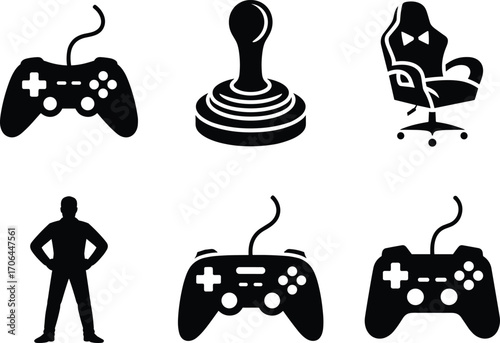Gaming icons, video game controller, joystick silhouette, gamer chair, player figure, esports gear, arcade style, retro gaming, gaming setup, gaming equipment
