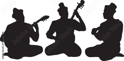 Three black silhouettes of people playing musical instruments on a white background musicians
