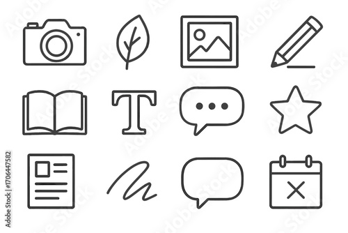 Storytelling Icons Collection. Line style icons of storytelling assets: camera, leaf, image frame, pencil sketch; open book, type