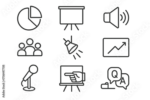 Presentation Icons Set. Line style icons of pitch and presentation: pie chart, board stand, speaker icon, slide deck; audience