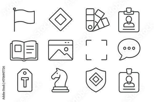 Branding Line Art Icons. Line style icons of branding and identity: brand flag, logo icon, color scheme, identity card; brandbook,