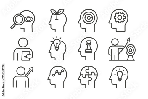 Business Mindset Icons. Line style icons of business mindset: focus icon, growth head, target brain, gear in head; problem-solver