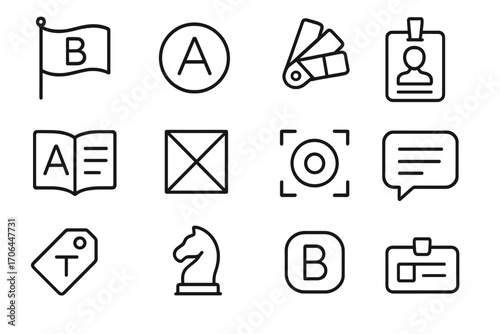 Branding Line Art Icons. Line style icons of branding and identity: brand flag, logo icon, color scheme, identity card; brandbook,
