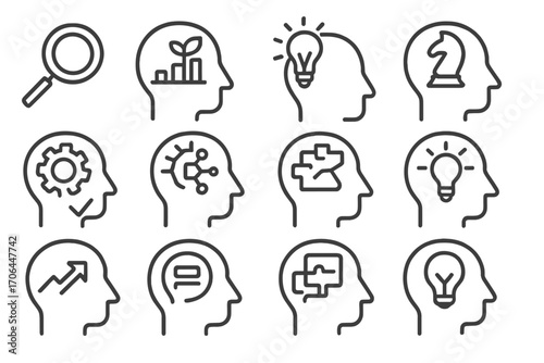 Business Mindset Icons. Line style icons of business mindset: focus icon, growth head, target brain, gear in head; problem-solver