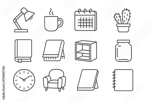 Calm Workspace Icons. Line style icons of light and calm work zone: table lamp, tea mug, monthly calendar, small cactus; book with