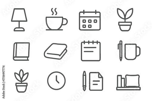 Home Office Icons. Line style icons of home-style office decor: lamp shape, coffee cup, week calendar, leaf pot; closed book, wrap