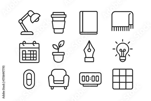 Compact Creative Workspace. Line style icons of compact creative corner: reading lamp, coffee holder, book cover, blanket line;