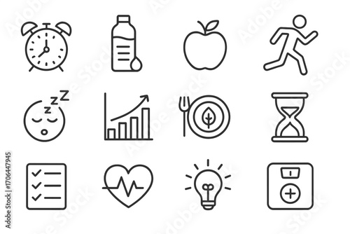 Healthy Habit Icons. Line style icons of healthy habits: alarm clock, water tracker, apple, running figure; sleeping icon,