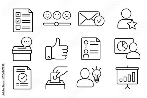 Workplace Feedback Icons. Line style icons of workplace feedback: survey sheet, rating scale, feedback email, performance star;