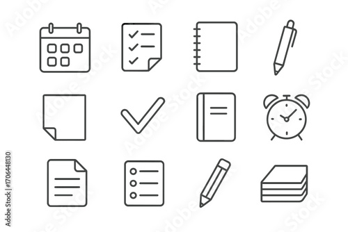 Smart Office Icons. Line style icons of smart office tools: calendar ring, to-do icon, notebook tab, ballpoint pen; sticky paper,
