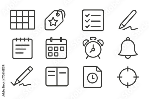 Goal Planning Icons. Line style icons of goal and time planning: schedule grid, daily goal tag, checklist sheet, pen stroke;