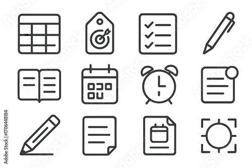 Goal Planning Icons. Line style icons of goal and time planning: schedule grid, daily goal tag, checklist sheet, pen stroke;