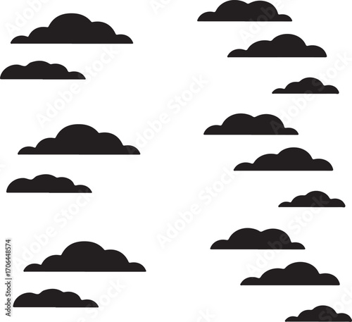 Black cloud shapes scattered across a white background silhouette