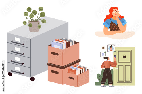 Filing cabinet, document boxes, plants, woman thinking, person accessing secure door with ID photos. Ideal for data management, organization, access control, workflow planning security records