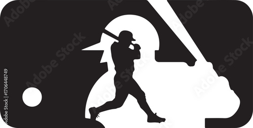 Black silhouette of a baseball player swinging a bat within a white and black graphic shape batter sport