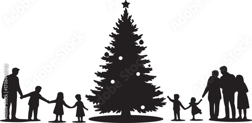 Black silhouette of a family holding hands around a decorated Christmas tree star