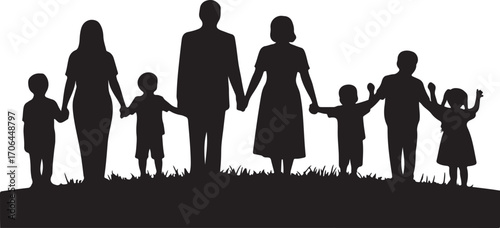 Black silhouette of a family holding hands standing on grass people children