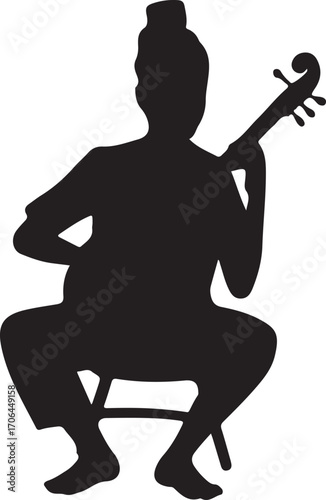 Black silhouette of a person playing a cello while sitting on a stool musician