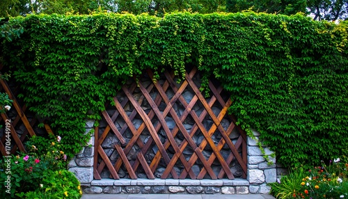 Lush green vines cover a rustic wooden trellis set within a stone wall, creating a vibrant natural backdrop
