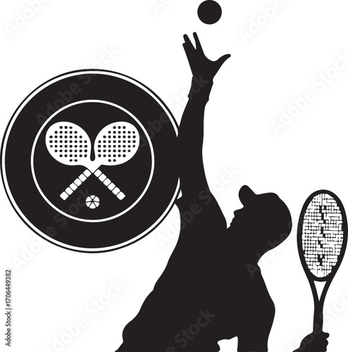 Black silhouette of a tennis player serving a ball with crossed rackets and a ball emblem sport black and white