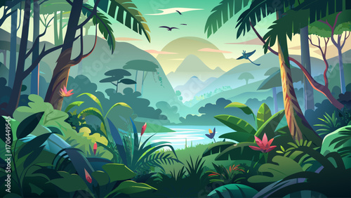 Serene tropical rainforest at dawn, mist weaving through emerald leaves, exotic birds perched silently, evoking untouched natural beauty.